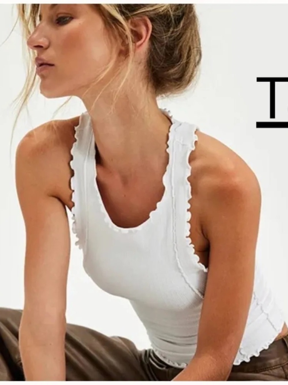 White Ribbed Scallop-Edge Tank Top